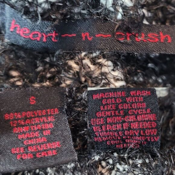 Vintage Fuzzy Eyelash Sweater‎ XS Black White Heart Stretch Whimsical Kidcore - Picture 3 of 11